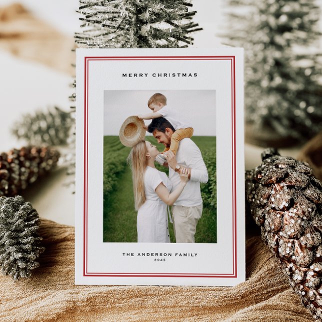 Cartes Pour Fêtes Annuelles Timeless Red Double Frontière Photo Noël (This timeless holiday photo card features a refined double-line frame and classic serif typography.)