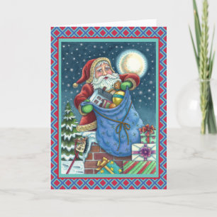 CARTES POUR FÊTES ANNUELLES TOIT PÈRE NOËL SAC DE JOUETS, DOLLHOUSE, HOBBYHORS