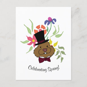 Cartes Pour Fêtes Annuelles Top Hat Bow Cravate Printemps Fleurs Groundhog
