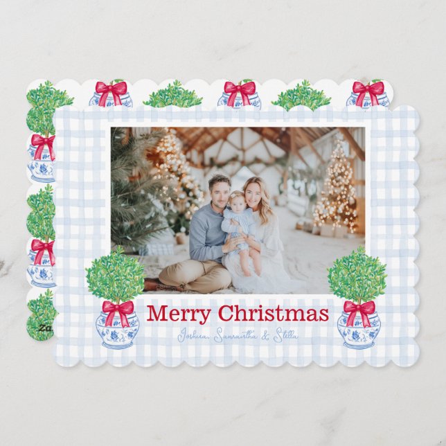 Cartes Pour Fêtes Annuelles Topiary de Noël de preppy Chinoiserie Pot Bow (Devant / Derrière)
