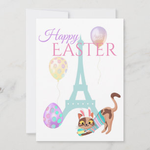 Cartes Pour Fêtes Annuelles Tour Eiffel de Pâques et ballons Pastel Chat