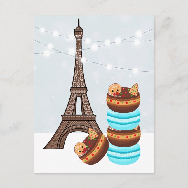 Cartes Pour Fêtes Annuelles Tour Eiffel et Macarons d'hiver Noël (Devant)
