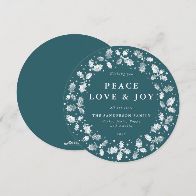 Cartes Pour Fêtes Annuelles Tour Green Holly Wreath Paix Amour + Joie (Devant / Derrière)