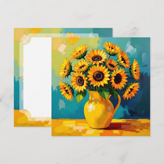 Cartes Pour Fêtes Annuelles Tournesols jaunes dans un vase à l'impasto (Devant / Derrière)