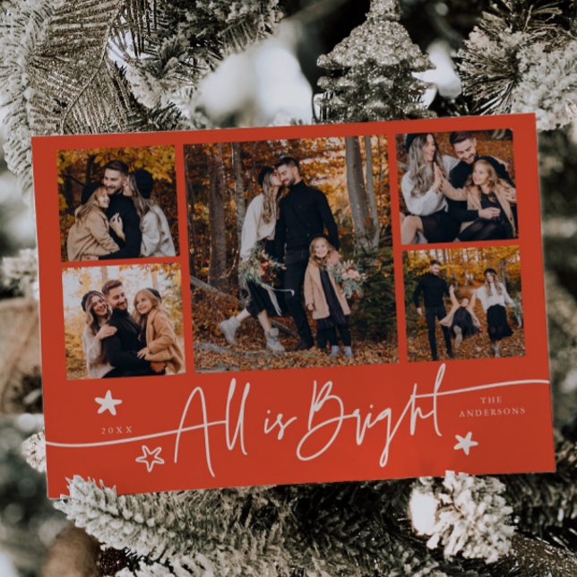 Cartes Pour Fêtes Annuelles Tout Est Lumineux Retro Rouge Multi Photo Holiday  (Créateur téléchargé)