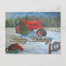 Tracteur antique Joyeux Noël à une ferme d'arbres