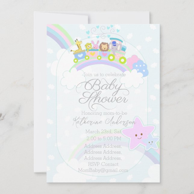 Cartes Pour Fêtes Annuelles Train Animaux Baby shower bleu Pastel (Devant)
