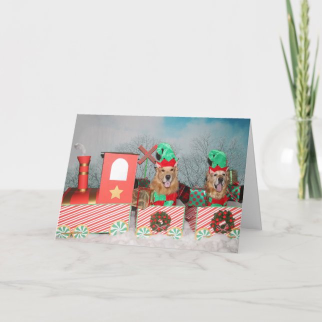Cartes Pour Fêtes Annuelles Train de Noël de golden retriever (Devant)