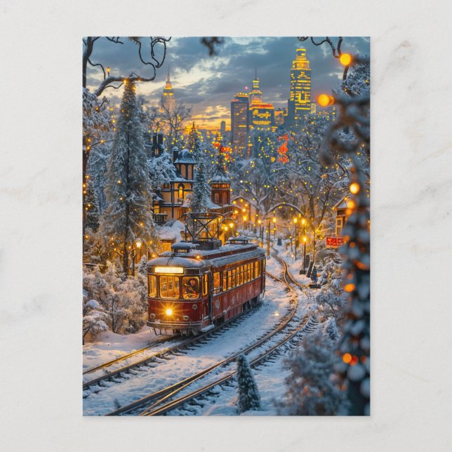 Cartes Pour Fêtes Annuelles Train miniature dans une ville enneigée en hiver (Devant)