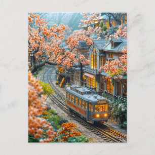 Cartes Pour Fêtes Annuelles Train miniature de printemps sous les cerisiers