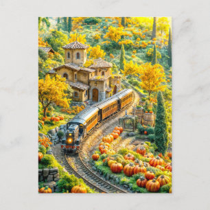 Cartes Pour Fêtes Annuelles Train miniature en village citrouille doré
