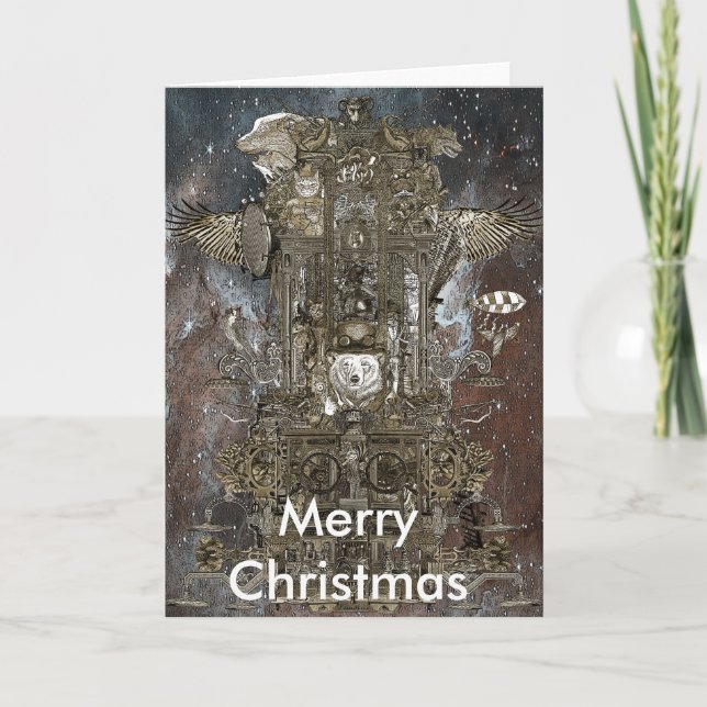 Cartes Pour Fêtes Annuelles Transport spatial de Steampunk de Joyeux Noël (Devant)