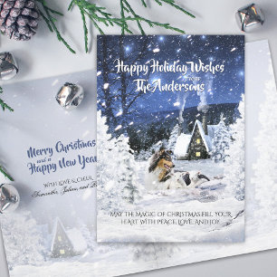 Cartes Pour Fêtes Annuelles Tricolor Collie & Lambs in Magic Christmas Night -