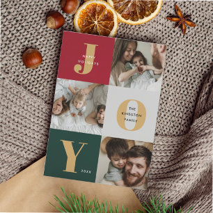 Cartes Pour Fêtes Annuelles Trio moderne Joyful Photo Collage Red Green