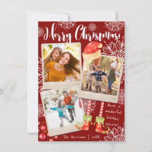 Cartes Pour Fêtes Annuelles Triple Photo Rouge & Blanc Noël   Personnalisé
