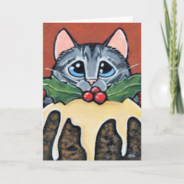 Cartes Pour Fêtes Annuelles Triste Tabby Chat et Pudding de Noël Peinture