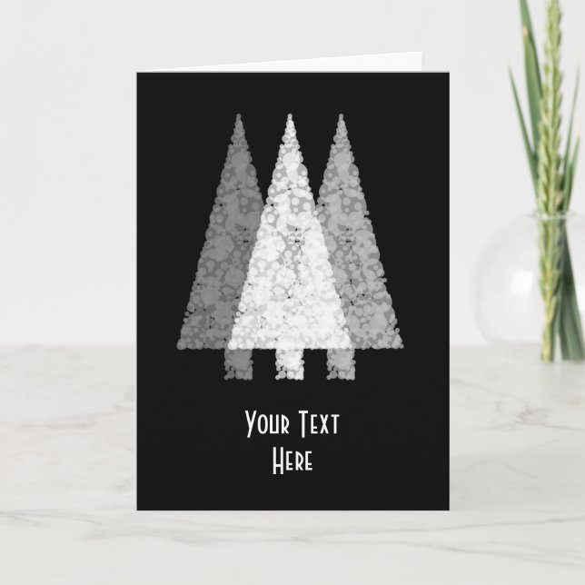 Cartes Pour Fêtes Annuelles Trois arbres Festifs. Blanc sur Noir. (Devant)