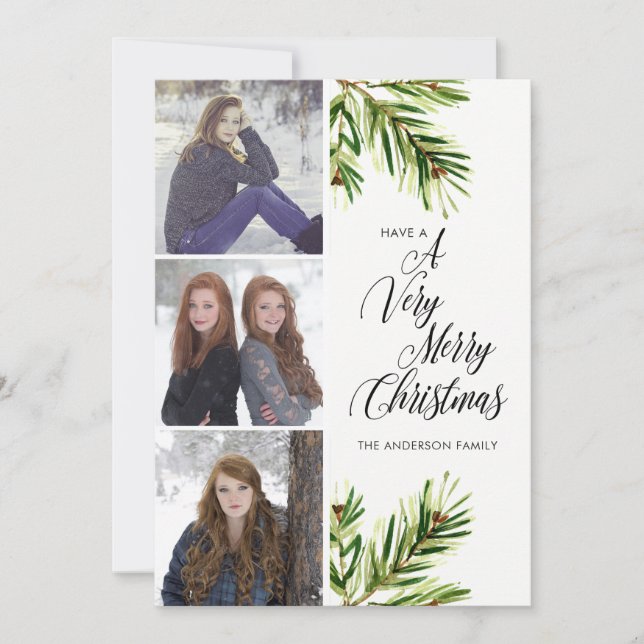 Cartes Pour Fêtes Annuelles Trois branches de pin d'aquarelle photo Noël (Devant)