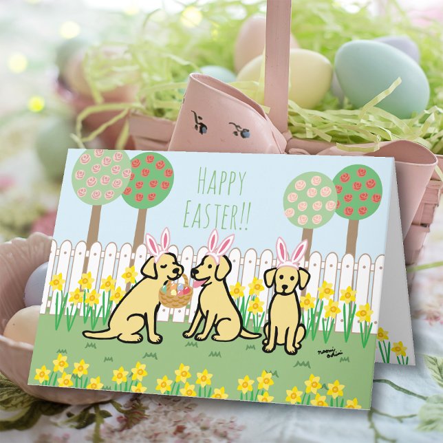 Cartes Pour Fêtes Annuelles Trois Bunnies de Pâques du Labrador Jardin (Three Labradors Easter Bunnies Greeting Cards.  Cute Labrador Cartoon Design.)