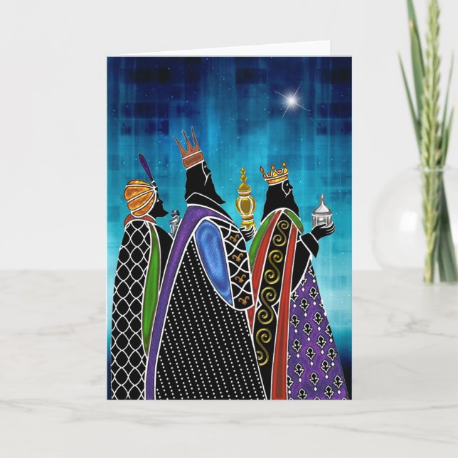 Cartes Pour Fêtes Annuelles Trois Cadeaux Portant Magi Sous Ciel Égaré (Devant)