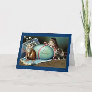 Cartes Pour Fêtes Annuelles Trois chats et gros oeuf de Pâques bleu