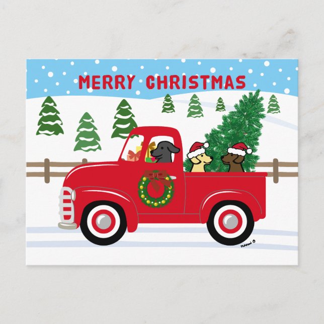 Cartes Pour Fêtes Annuelles Trois Labradors Camion Rouge Noël (Devant)