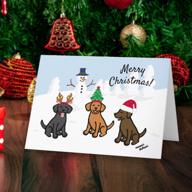Cartes Pour Fêtes Annuelles Trois Labradors et Noël Snowman (Three Labradors and Snowman Design Christmas Cards for Labrador Owners.  Cute cartoon style design.)