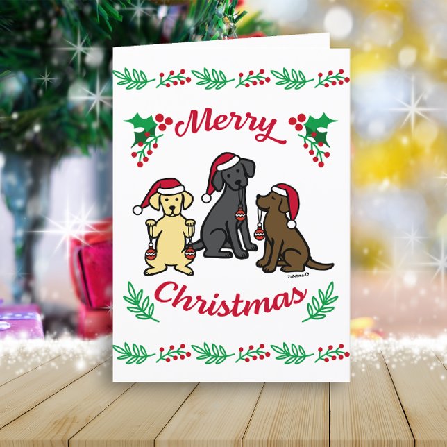 Cartes Pour Fêtes Annuelles Trois Labradors et Ornements de Noël (Three Labradors and Ornaments Design Christmas Cards for Labrador Retriever Owners.  Cartoon Design.)