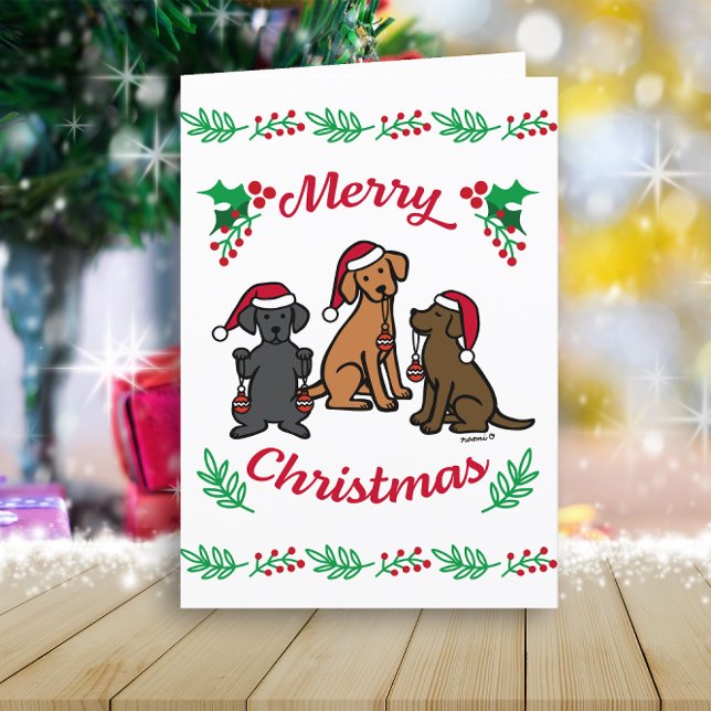 Cartes Pour Fêtes Annuelles Trois Labradors et Ornements de Noël (Three Labradors and Ornaments Design Christmas Cards for Labrador Retriever Owners.  Cartoon Design.)