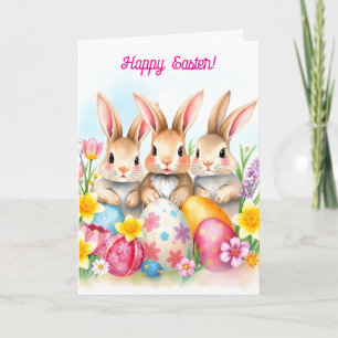 Cartes Pour Fêtes Annuelles Trois lapins de Pâques et des oeufs à fleurs