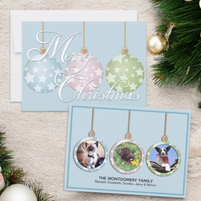 Cartes Pour Fêtes Annuelles Trois Ornement Pet Photo Noël (front and back custom photo non-traditional colors Christmas flat card)