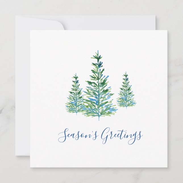 Cartes Pour Fêtes Annuelles Trois pins d'aquarelle bleu vert (Devant)