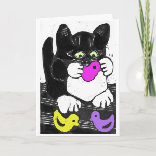Cartes Pour Fêtes Annuelles Trois poussins de guimauve et un chaton affamé