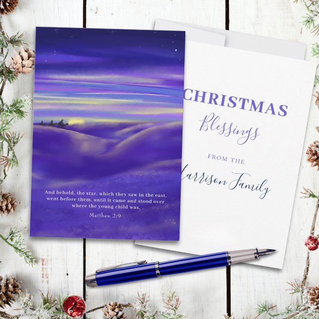 Cartes Pour Fêtes Annuelles Trois rois belle aquarelle Personnalisée (Three wise men follow the star watercolor custom Christmas greetings card with bible quote)
