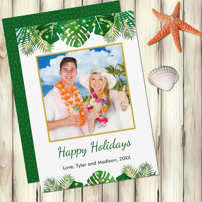 Cartes Pour Fêtes Annuelles Tropical Beach Foliage Christmas Lights Gold Photo (Créateur téléchargé)