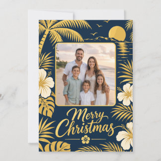 Cartes Pour Fêtes Annuelles Tropical Navy Or Joyeux Noël Photo de Famille