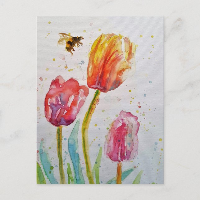 Cartes Pour Fêtes Annuelles Tulipe rose Tulipe florale art aquarelle PostCard (Devant)