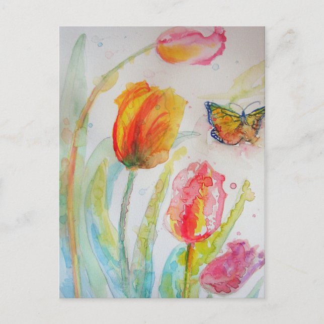 Cartes Pour Fêtes Annuelles Tulipe rose Tulipe Flore Aquarelle PostCard (Devant)