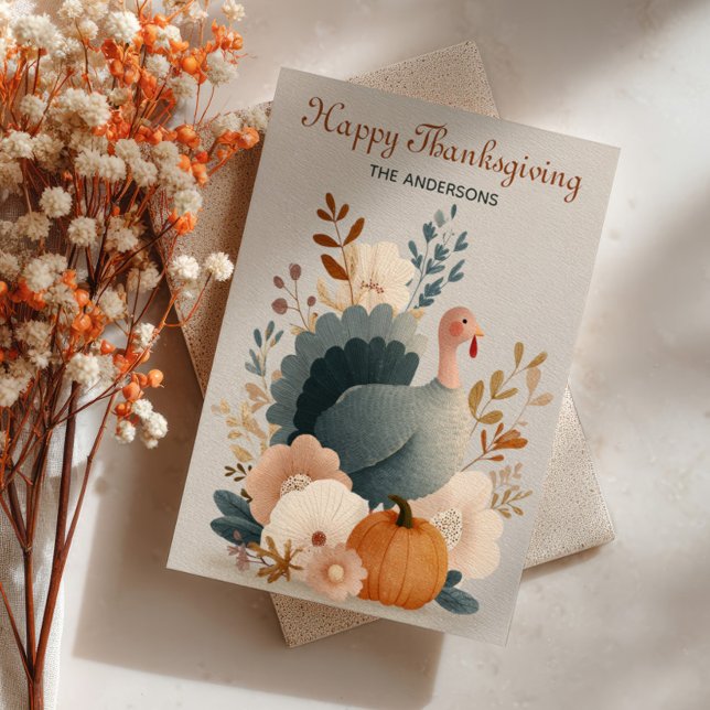 Cartes Pour Fêtes Annuelles Turkey with Fall Foliage Happy Thanksgiving Pastel (Créateur téléchargé)