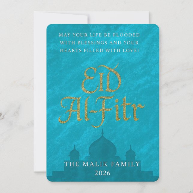 Cartes Pour Fêtes Annuelles Turquoise & Gold Script Aïd Al-Fitr Salutation (Devant)