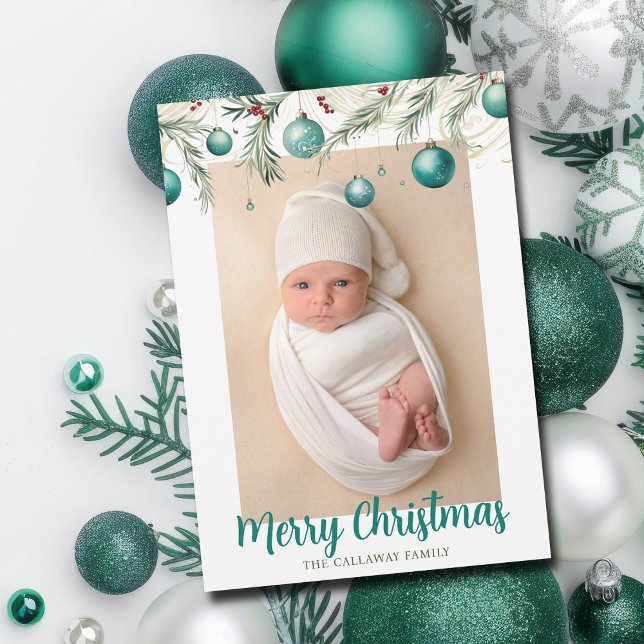 Cartes Pour Fêtes Annuelles Turquoise Joyeux ornements de Noël Photo verticale (Créateur téléchargé)