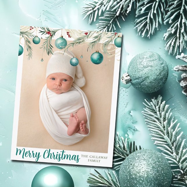 Cartes Pour Fêtes Annuelles Turquoise Joyeux ornements de Noël Photo verticale (Créateur téléchargé)