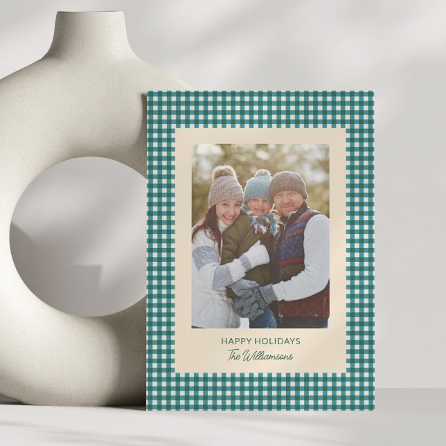 Cartes Pour Fêtes Annuelles Turquoise Vert En vichy Plaid Photo de Noël (Créateur téléchargé)