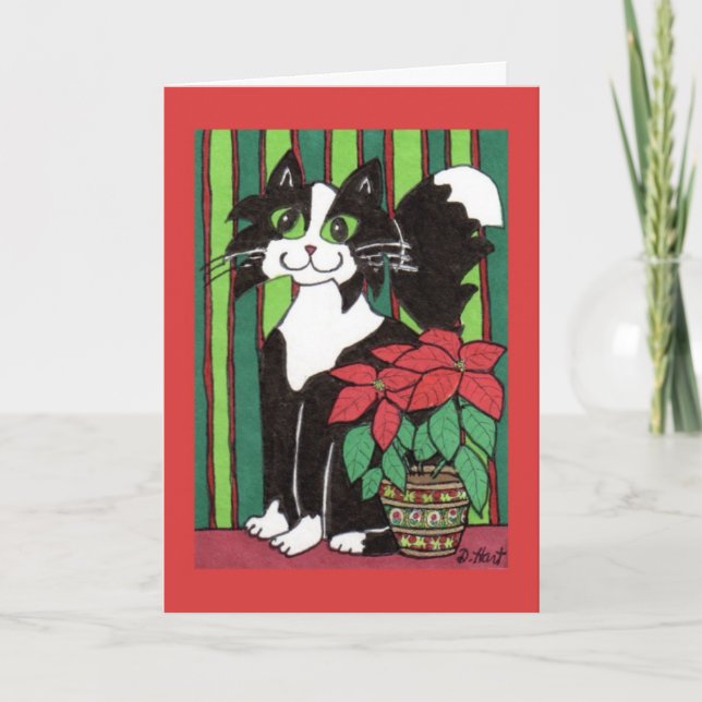 Cartes Pour Fêtes Annuelles Tuxedo Chat avec Poinsettia (Devant)