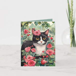 Cartes Pour Fêtes Annuelles Tuxedo Chat & Rose Valentine's Day Card