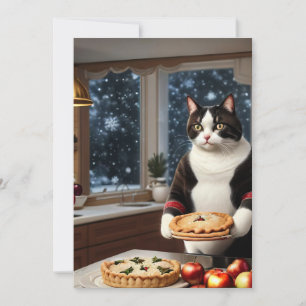 Cartes Pour Fêtes Annuelles Tuxedo Chat tenant une tarte de Noël