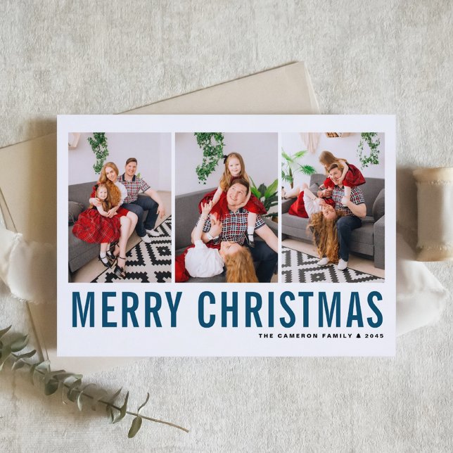 Cartes Pour Fêtes Annuelles Typographie Bleue Joyeux Noël Photo Collage (Créateur téléchargé)