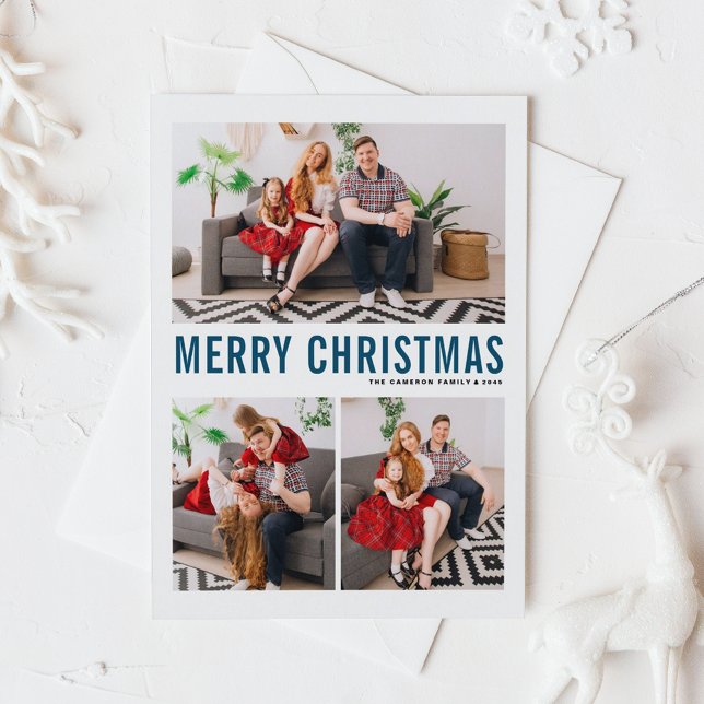 Cartes Pour Fêtes Annuelles Typographie Bleue Joyeux Noël Trois photos (Modern Blue Typography Three Photo Collage Merry Christmas Card)