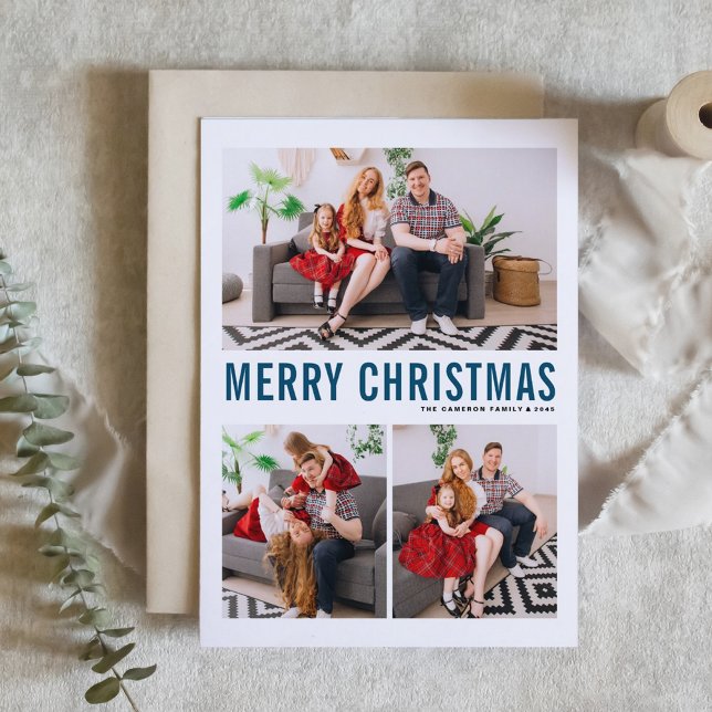 Cartes Pour Fêtes Annuelles Typographie bleue Trois photos Joyeux Noël (Modern Blue Typography Three Photo Collage Merry Christmas Card)