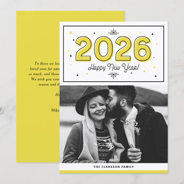 Cartes Pour Fêtes Annuelles Typographie géométrique jaune Photo Bonne année (Devant / Derrière)